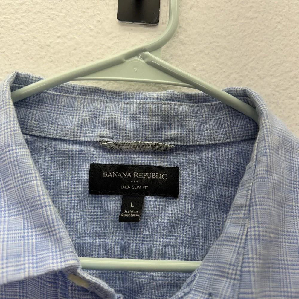 Banana Republic Shirt Mens L Blue Linen Slim Fit Cotton Short Sleeve Button